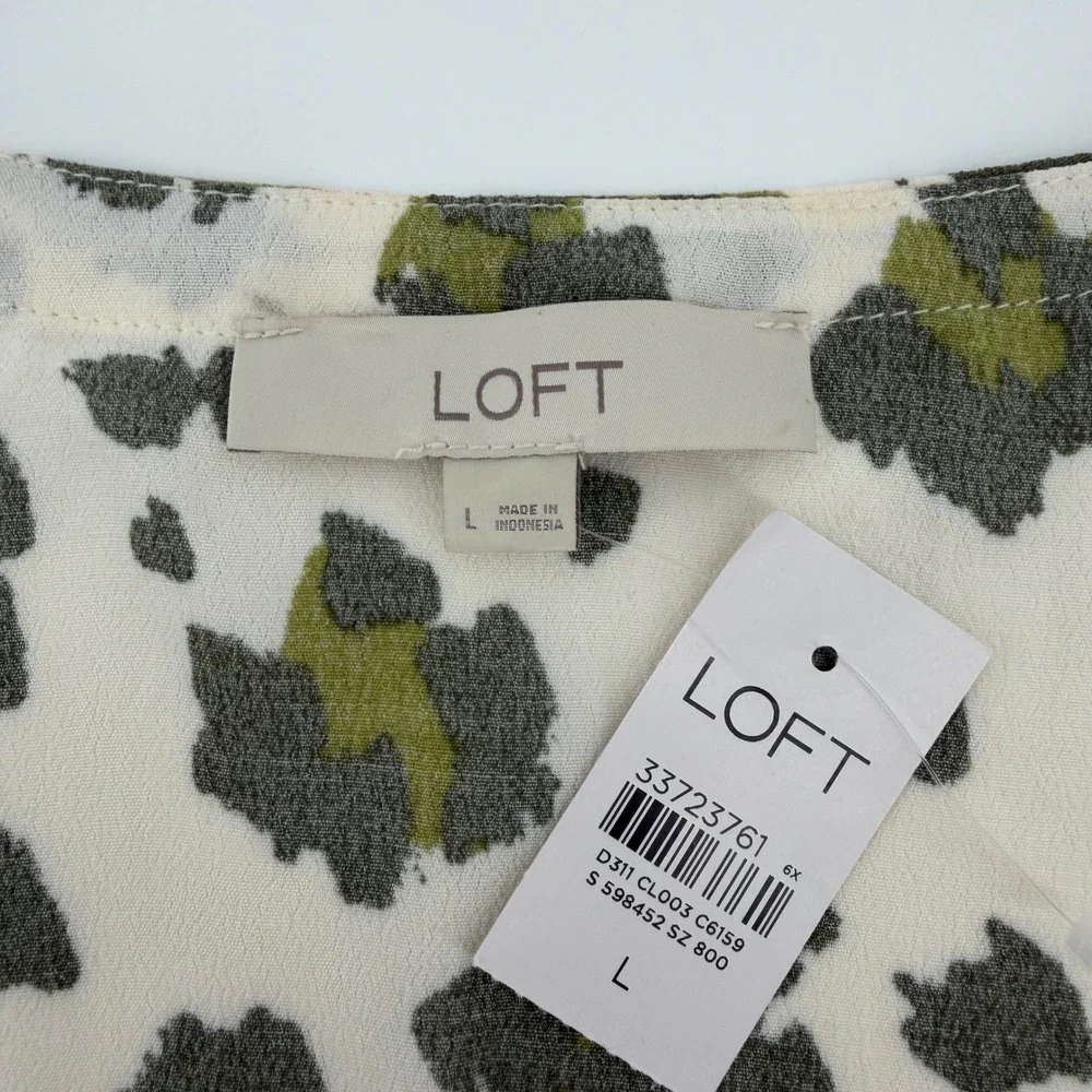 LOFT Women Large White Olive Green Leopard Print Rayon Button Front Blouse L‎